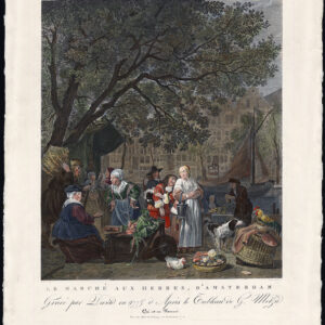 Antieke Print-AMSTERDAM-KRUIDENMARKT-SPICE-HANDGEKLEURD-Metsu-David-1775