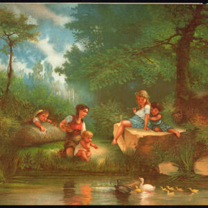 Antieke Lithografie-KINDEREN-BOS-VIJVER-DUCK-PLAY-1940