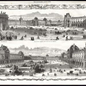 Antieke prent-THE LOUVRE-PARIJS-FRANKRIJK-PLACE DU CAROUSSEL-KLOK PAVILJOEN-1857