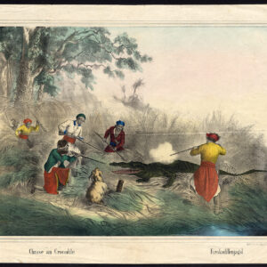 Antieke prent-KROKODIL-SCHIETEN-JACHT-GEWEER-NATIVES-Scholz-1860