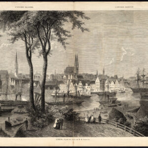 Antieke prent-LUBECK-DUITSLAND-VIEW-STEAM SHIPS-SAILING-Lauterbach-Geissler-1870