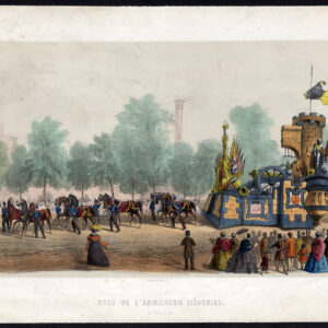 Antieke prent-BRUSSEL-FESTIVAL FLOAT-ARMS-WAPENS-LEOPOLD I-BELGIË-Toovey-1856