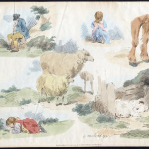 Antieke prent-KLEIN MEISJE-SCHAPEN-VARKEN-STUDIE-SCHETS-George Morland-1792