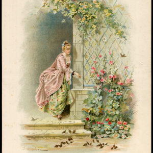 Antieke prent-JONGE VROUW-VOEDENDE VOGELS-Grivaz-1890