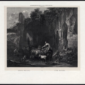 Antieke Prent - PASTORAAL LANDSCHAP - RUÏNES - HERDER - VEE - KOE - HOND - Berchem - Laatste - 1828