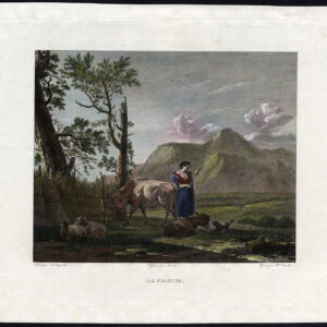 Antieke Master Print-LA FILEUSE-SPINNER-CATTLE-BULL-SCHAPEN-Daudet-Dujardin-1800