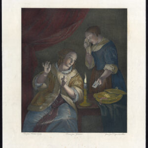Antieke Meesterdruk-VROUW-BRIEF-CRY-KAARS-Dequevauvilliers-Netscher-ca. 1860