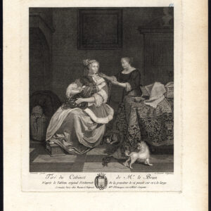 Antieke Master Print-VROUW-KAT-HOND-KIND-Le Brun-Romanet-Ochtervelt-1777