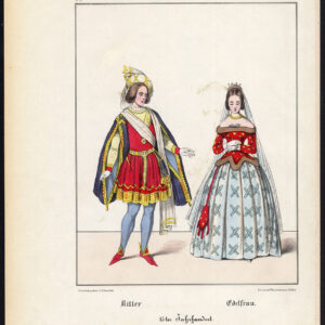 Antieke prent-RIDDER-NOBLE VROUW-DAME-15E EEUW-KOSTUUM-Schneider-1844