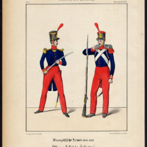 Antieke prent-FRANKRIJK LEGER-INFANTRIE-OFFICIER-PRIVATE-UNIFORM-GEWEER-Schneider-1844