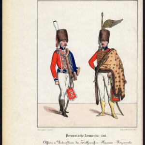 Antieke prent-PRUSSISCH LEGER-ZIETEN HUSSARS-OFFICIER-KOSTUUM-Schneider-1844