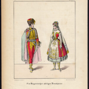 Antieke prent-BRUIDS PAAR-HONGARIJE-ADELHEID-HUWELIJK-KOSTUUM-Schneider-1844