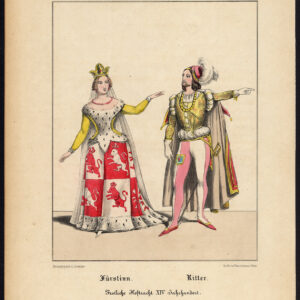 Antieke print-KONINGIN-KNIGHT-COURT-FEESTELIJK-MIDDLE LEEFTIJDEN-KOSTUUM-Schneider-1844