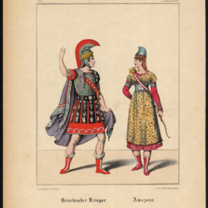 Antieke print-SOLDAAT-GRIEKENLAND-AMAZONE-WARRIOR-KOSTUUM-Schneider-1844