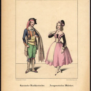 Antieke print-MULE DRIVER-SPANJE-MEISJE-ARAGON-KOSTUUM-Schneider-1844