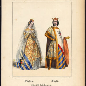 Antieke prent-KONING-KONINGIN-KOSTUUM-MIDDLE LEEFTIJDEN-Schneider-1844