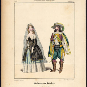 Antieke prent-edelman-dame-hof-koning Lodewijk XIII-Frankrijk-Schneider-1844