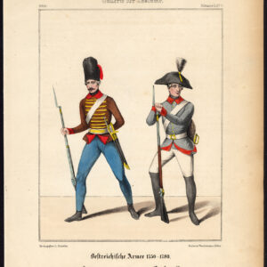 Antieke print-OOSTENRIJSE LEGER-KROAT-FREE BATALLION-SOLDIER-COSTUME-Schneider-1844