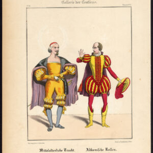 Antieke print-MIDDLE LEEFTIJDEN-THEATER-COMEDIE-ACTEUR-KOSTUUM-JURK-Schneider-1844