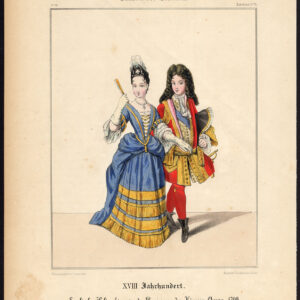 Antieke print-KONINGIN ANNE-ENGELAND-HOF-KOSTUUM-JURK-Schneider-1844