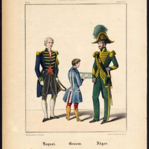 Antieke print-LACKEY-BRUIDEGOM-SOLDAAT-KOSTUUM-UNIFORM-Schneider-1844