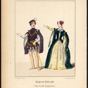 Antieke Print-ENGELAND-KONINKLIJK HOF-KOSTUUM-16E EEUW-JURK-Schneider-1844