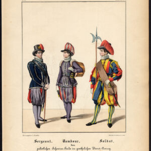 Antieke prent-ZWITSERSE WACHT-PAUS-SERGEANT-DRUMMER-PRIVATE-UNIFORM-Schneider-1844
