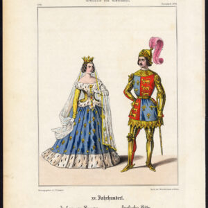 Antieke prent-ISABEAU VAN BEIEREN-ENGELAND-RIDDER-KOSTUUM-ARMOUR-Schneider-1844