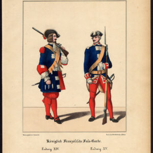 Antieke prent-KONINKLIJKE FRANSE INFANTRIE-SOLDAAT-UNIFORM-LOUIS XIV-Schneider-1844