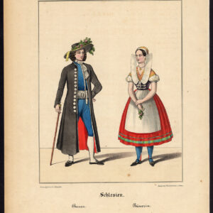 Antieke Print-SILESIA-BOER-POLEN-KOSTUUM-JURK-Schneider-1844