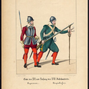 Antieke prent-SOLDAAT-WAPENS-PIK-ARQUEBUSIER-KOSTUUM-Schneider-1844
