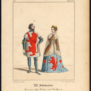 Antieke Print-FRANKRIJK-RIDDER-NOBLE VROUW-KOSTUUM-MIDDLE LEEFTIJDEN-Schneider-1844