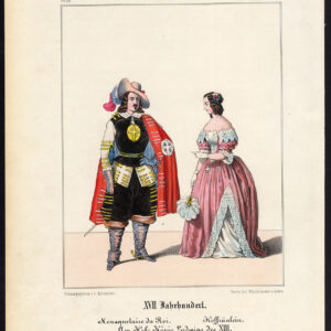 Antieke prent-MUSKETEER-COURTISANE-KONING LOUIS XIII-FRANKRIJK-KOSTUUM-Schneider-1844