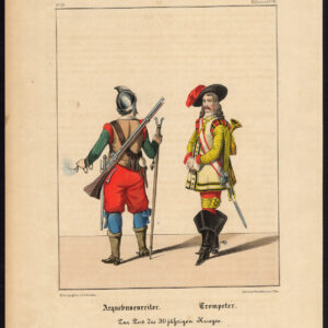 Antieke Print-ARQUEBUSIER-TROMPETER-SOLDIER-UNIFORM-KOSTUUM-Schneider-1844