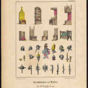 Antieke prent-WAPENS-PANTSER-MEUBILAIR-15E EEUW-HELM-Schneider-1844