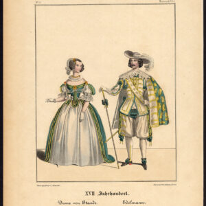 Antieke print-KONING LOUIS XIII-COURT-LADY-NOBLEMAN-FRANCE-COSTUME-Schneider-1844