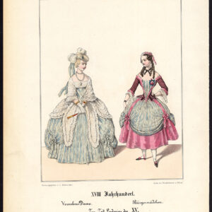 Antieke print-KONING LOUIS XV-FRANKRIJK-LADY-MEISJE-JURK-KOSTUUM-Schneider-1844