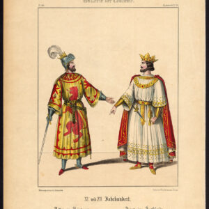 Antieke print-MIDDLE LEEFTIJDEN-RIDDER-KONING-ZWAARD-CEREMONIEEL KOSTUUM-Schneider-1844