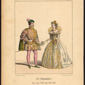 Antieke Print-SPANJE-KONING-KONINKLIJK HOF-KONINGIN-KOSTUUM-JURK-Schneider-1844