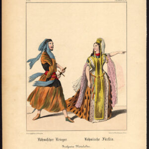 Antieke print-BOHEMIAN WARRIOR-KONINGIN-MIDDLE LEEFTIJDEN-KOSTUUM-JURK-Schneider-1844