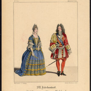 Antieke Print-FRANCE-COURT-LADY-CAVALIER-LOUIS XIV-KOSTUUM-JURK-Schneider-1844