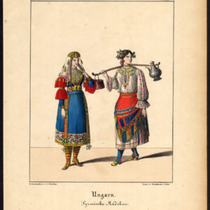 Antieke print-HONGARIJE-KROATIË-SYRMIA-MEISJE-KOSTUUM-JURK-Schneider-1844