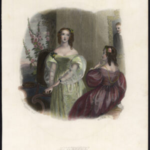 Antieke prent-HOLLYHOCK-JONGE VROUW-KOSTUUM-JURK-Mote-Seyffarth-1836