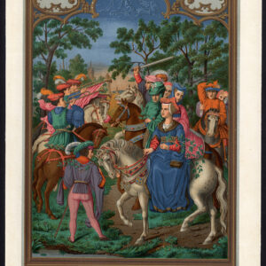 Antieke prent-MIDDLE LEEFTIJDEN-KOSTUUM-PAARD-TROMPET-Lacroix-1868