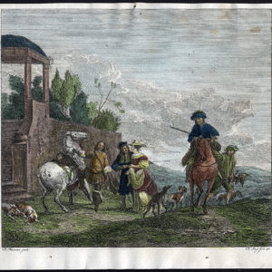 Antieke Meesterdruk-JACHT-JAGER-HOND-PAARD-VALKONIJ-Muys-Wouwerman-1761