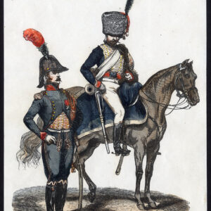 Antieke prent-MILITAIRE-FRANKRIJK-JACHTERS-UNIFORM-PAARD-Lacoste-Montigneul-1845