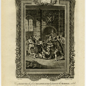 Antieke prent-ENGELAND-KONING EDMUND-LEOLF THE ROBBER-MURDER-Wale-Grignion-1784
