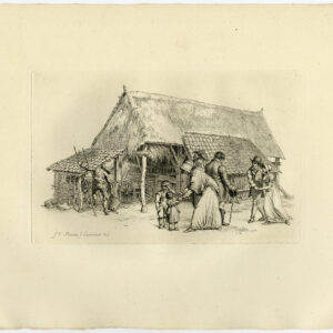 Antieke prent-BOERDERIJ-FAMILIE-rieten dak-19e eeuw-Marcus-1834