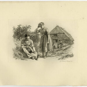 Antieke prent-LANDELIJKE SCÈNE-RIETGEDEKTE BOERDERIJ-REINIGING-GAATJES-Marcus-1834