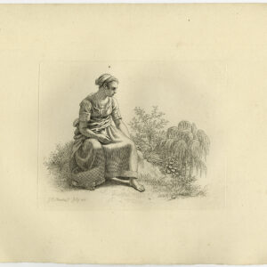 Antieke prent-BUITEN SCÈNE-JONGE VROUW-ZITTEN-WILLOW-Marcus-1834